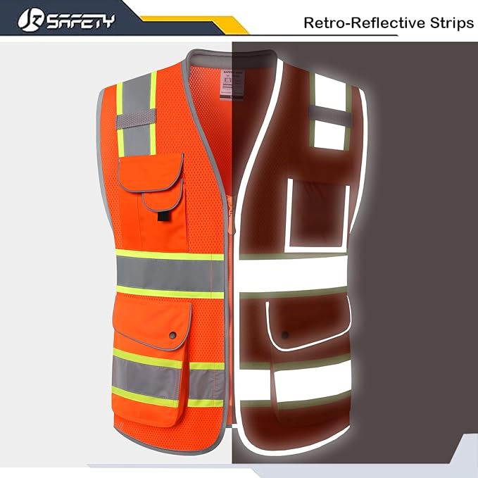 JKSafety 9 Pockets Hi-Vis Safety Vest Breathable Mesh Fabric Cushioned Collar Work Utility PPE Lightweight Industrial Work Gear ANSI/ISEA compliant (101-Orange XL)