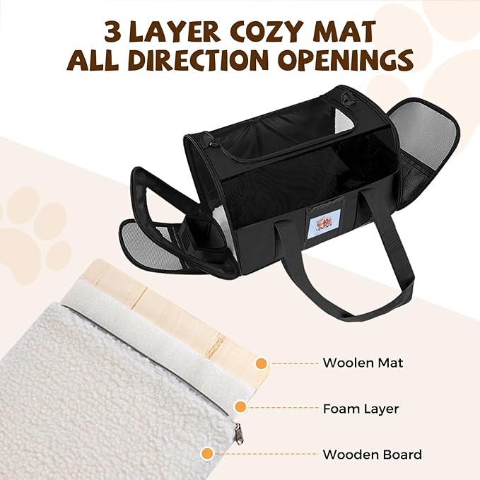 Cat Carrier Soft for Pets Up to 25 Lbs, Cat Travel Bag with Padded Shoulder Strap and Detachable Cat Food Bowl, Pet Dog Carriers for Small Dogs Travel Puppy Carry Airline Approved, Black