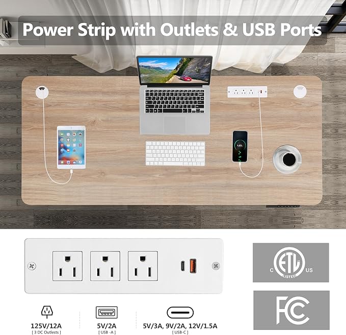 Electric Standing Desk Adjustable Height, 55'' x 24'' Stand up Desk with Outlets and 2 USB Ports,4 Caster, 27''-46'' Lifting Range, Spacious Computer Workstation for Home Office(Oak)