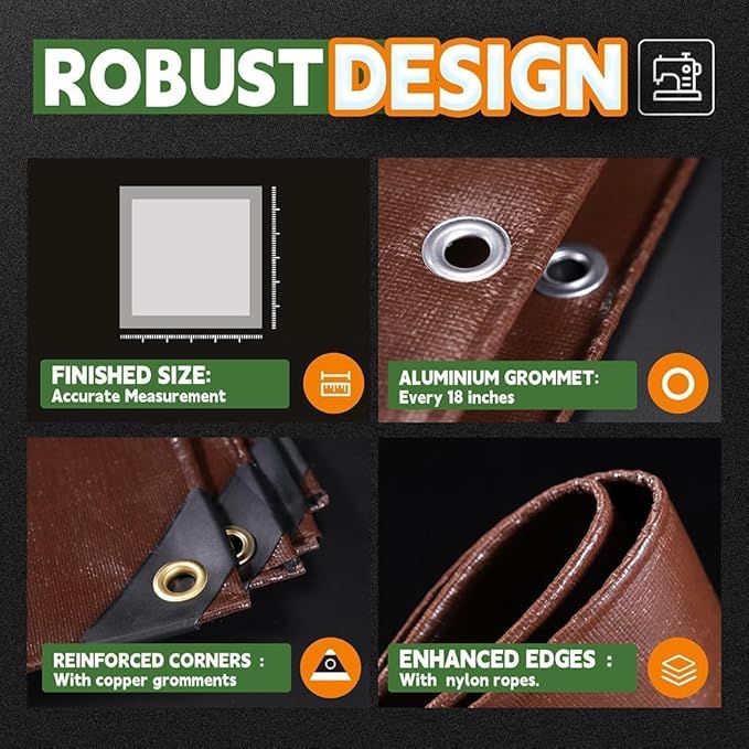 RAINDEWAY 10x14 Feet Super Heavy Duty Tarp 18 Mil,UV Resistant, Weatherproof, Multipurpose Waterproof Poly Tarp Cover with Grommets and Reinforced Edges,Brown Tarps