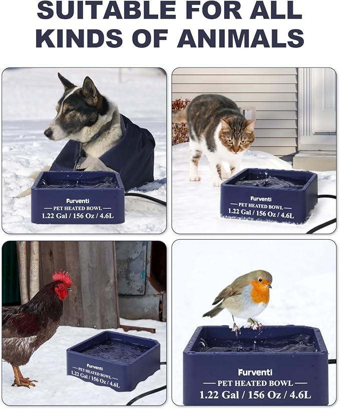 Heated Water Bowl for Dog Cat,1.22 Gallon,Outdoor Waterproof Heated Pet Water Dish with 79" Chew Resistant Cord for Rabbit, Chicken, Duck, Squirrel (Dark Blue)