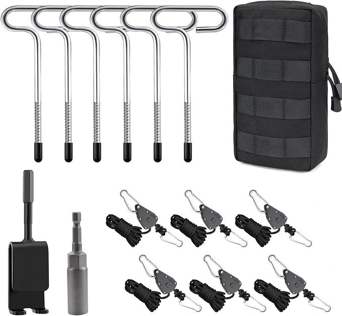 15 Pcs Ice Fishing Anchor Tool Kit – Includes 6 Ice Tent Stakes, 6 Adjustable Rope Hangers (118" Length), Ice Anchor Drill Adapter with 1/4" Adapter Head Storage Bag for Ice Fishing Shelters Tents