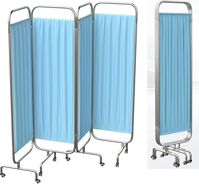 tonchean 4-Panel Medical Privacy Screens with Wheels Foldable Mobile Hospital Screen Silent Lockable Room Divider for Clinics, Nursing Homes and Salons, Blue