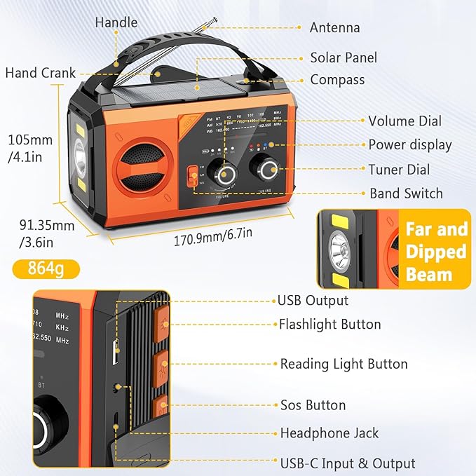20000mAh Emergency Weather Radio with Wireless Speaker, 74000mWh NOAA/AM/FM Hand Crank Solar Radio with Flashlight Cell, Phone Charger, Compass, Reading Lamp, SOS Alarm
