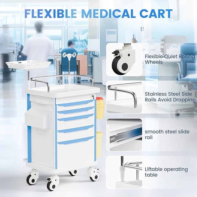 Medical Crash Cart with Emergency Accessory-CPR Board, IV Pole, O2 Holder, Trash Bin, 5 Drawers Nursing Cart with Dividers for Hospital, Clinic, Lab