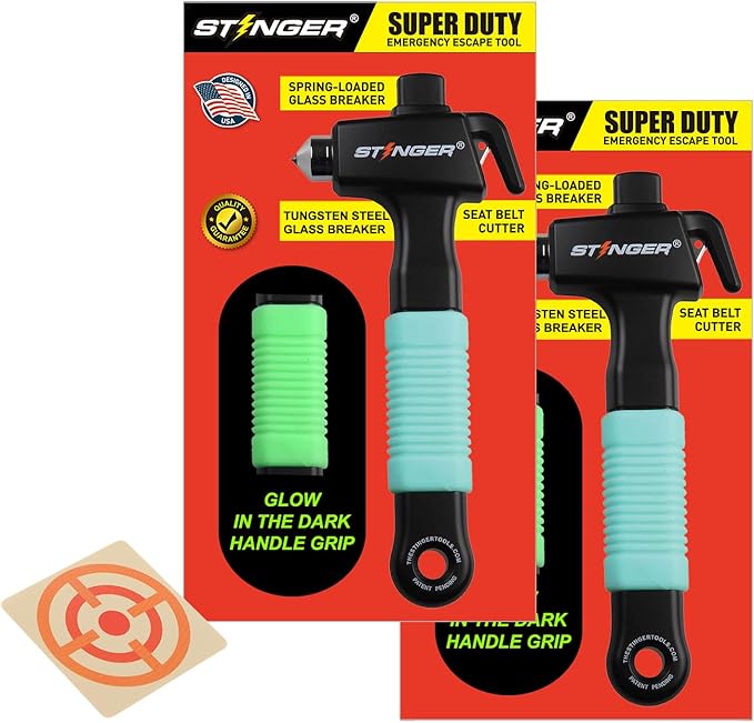 Stinger Super Duty Car Emergency Escape Tool - Hardened Carbon Steel Safety Hammer, Spring-Loaded Window Breaker, Razor-Sharp Seat Belt Cutter, Life-Saving Rescue Tool (Green and Green)