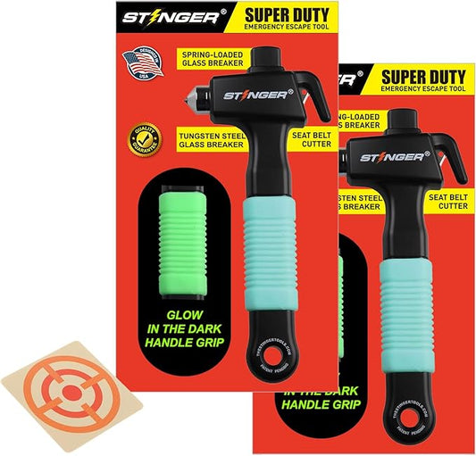 Stinger Super Duty Car Emergency Escape Tool - Hardened Carbon Steel Safety Hammer, Spring-Loaded Window Breaker, Razor-Sharp Seat Belt Cutter, Life-Saving Rescue Tool (Green and Green)