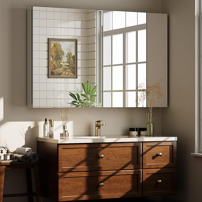 Bathroom Medicine Cabinet with Mirror, 40 Inch x 26 Inch Bathroom Mirror Cabinet with Double Door & Adjustable Shelves, Surface Mount or Recess Installation