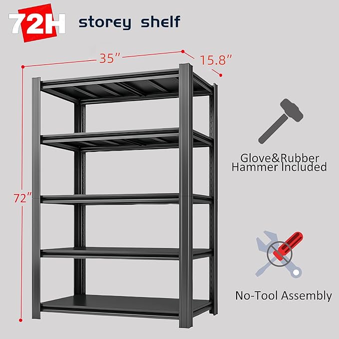 5-Tier 35" W x 15.8" D x 72" H Garage Shelving 3000LBS Storage Shelves Heavy Duty Metal Shelf Unit Adjustable Basement Industrial Storage Racks (72 * 35 * 15.8)