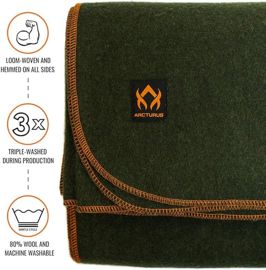 Arcturus Military Wool Blanket - Warm, Thick, Washable - Great for Outdoors, Camping, Stadium Blanket, Picnics, Travel - Car & Bushcraft Survival Kits