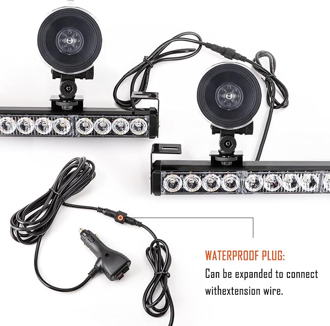 LE-JX 2×16.8 inch Emergency Strobe Light Bar Traffic Advisor Warning Hazard Windshield Safety Lights Bar 21 Flash Patterns with Cigar Lighter for Police Vehicles, Truck (Amber/White, 2 in 1)