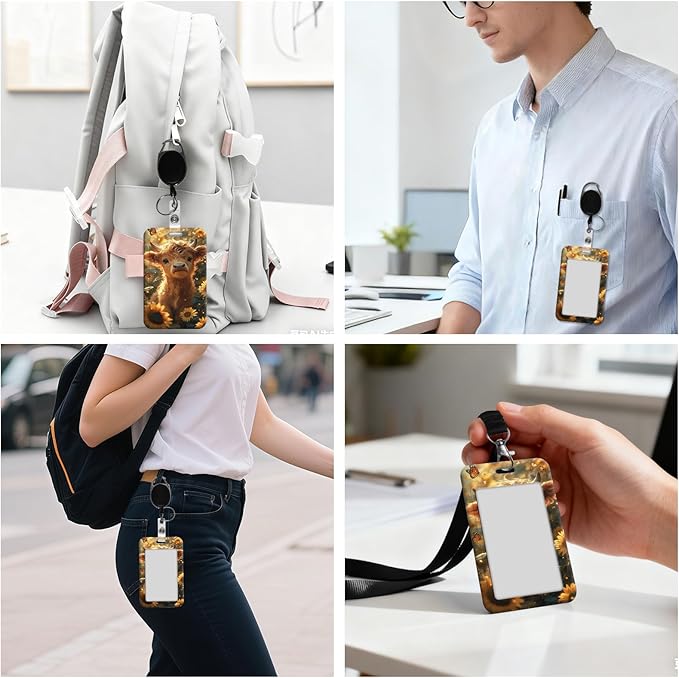 ID Badge Holder with Retractable Lanyard for Women & Men,Vertical ID Card Holder Wallet,Clear Window&Card Slot,Detachable Neck Strap for Nurse Teacher Office,Sunflower Cow & Butterflies
