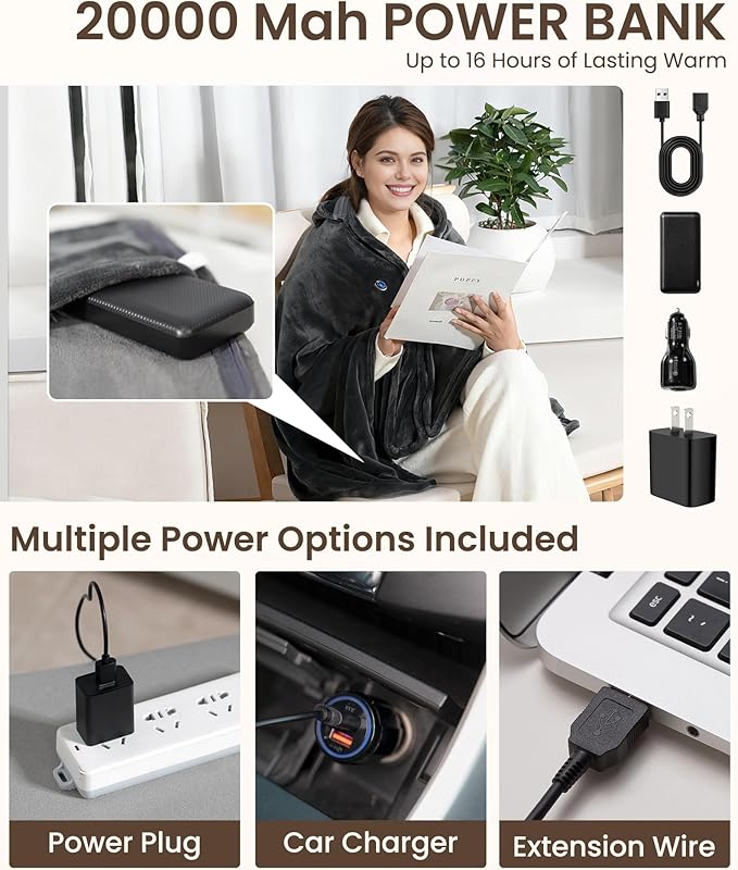 Cordless Heated Blanket with Hood, USB Battery Powered Heated Wearable Blanket with 9 Heating Zones, 20000 mAh Power Bank, 3 Levels, Portable Heated Throw Blanket, Heated Shawl