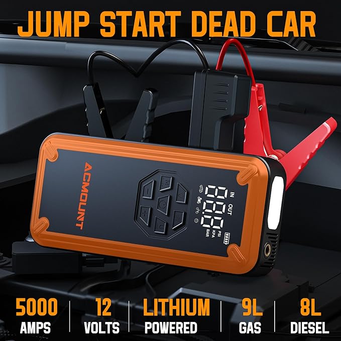 Jump Starter with Air Compressor, Acmount 5000A Car Battery Jump Starter with 150PSI Tire Inflator for Up to 9.0 Gas/8.0L Diesel, 12V Portable Jump Starter Box with LCD Display, Light (Orange&Black)