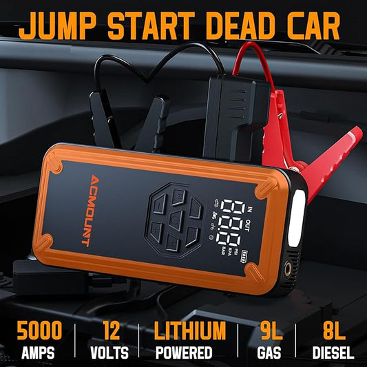 Jump Starter with Air Compressor, Acmount 5000A Car Battery Jump Starter with 150PSI Tire Inflator for Up to 9.0 Gas/8.0L Diesel, 12V Portable Jump Starter Box with LCD Display, Light (Orange&Black)