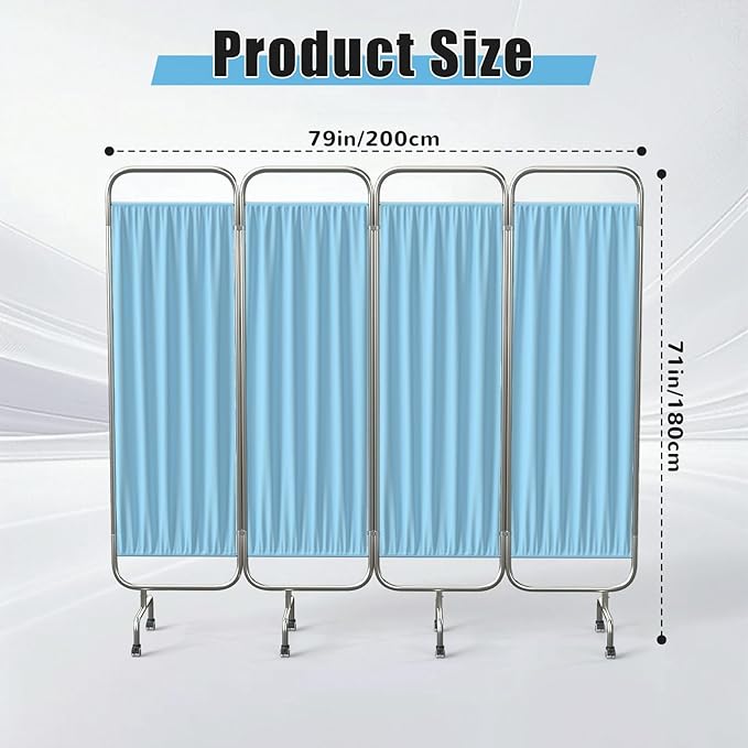 tonchean 4-Panel Medical Privacy Screens with Wheels Foldable Mobile Hospital Screen Silent Lockable Room Divider for Clinics, Nursing Homes and Salons, Blue