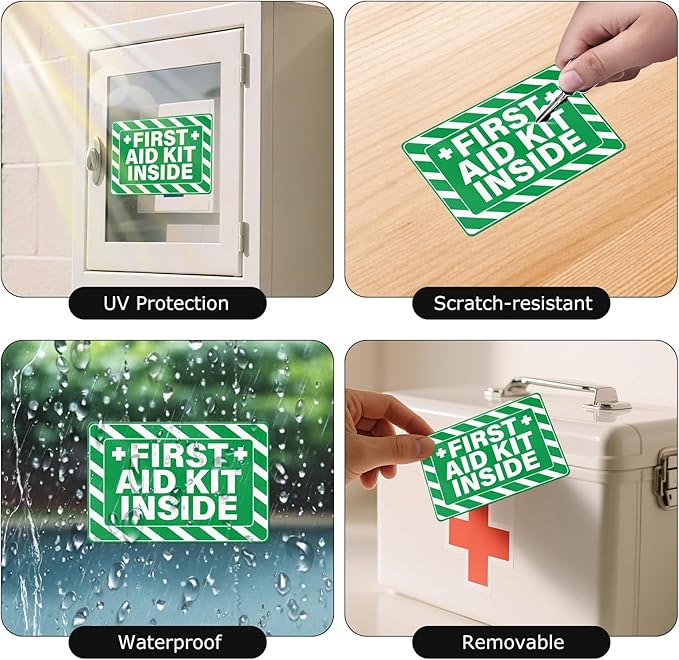 10 PCS First Aid Kit Inside Stickers 6 × 4 Inches Vinyl Emergency Medical Sign Waterproof Self Adhesive Fade Resistant Signage for Home Office Business Workplace