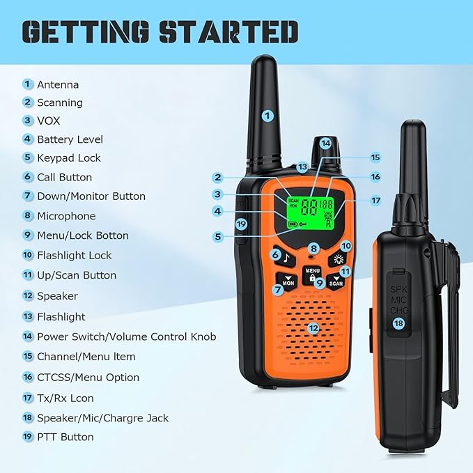 Walkie Talkies 2 Pack Walkie talkies with Rechargegable for Adults, 22 Channel FRS 2-Way Radios Walky Talky with LED Flashlight for Climbing, Camping Trip and Family Emergency Kit(2 Pack Orange).