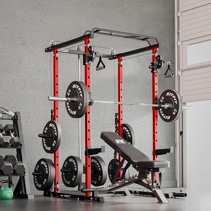 RitFit Multi-Function Squat Rack Power Cage PPC-P3 with Cable Crossover System, 1200LBS Capacity Power Rack and Packages with Optional Weight Bench, Barbell Weight Set, for Garage Workout & Home Gym
