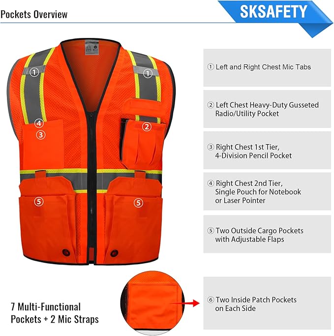 SKSAFETY Professional Class 2 High Visibility Safety Vest With Zipper - 10 Pockets, Reflective Strips, ANSI/ISEA Standard, Construction Work (Orange, L)