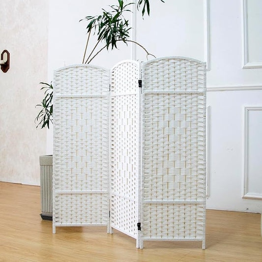 3 Panel Rattan Divider Short Room Partition Screen,Double Sided Folding Divider for Room Separation,White,47.2" H x 47.2" W
