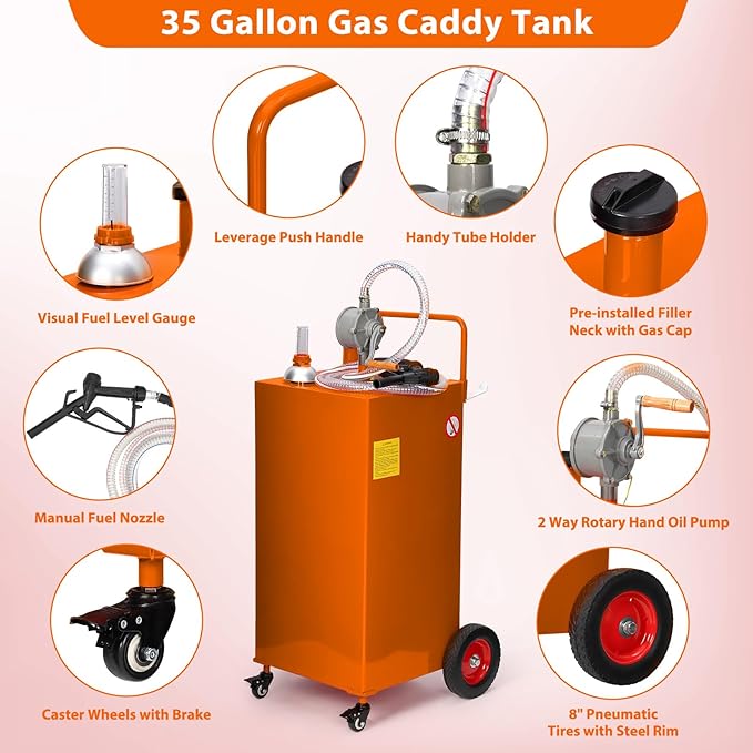 Upgraded 30 Gallon Fuel Caddy, Manual Hand Pump & Easy-Roll Wheels, Heavy-Duty UV-Resistant Steel Tank for Gas & Diesel, Portable Fuel Storage for Tractors, Mowers, Boats