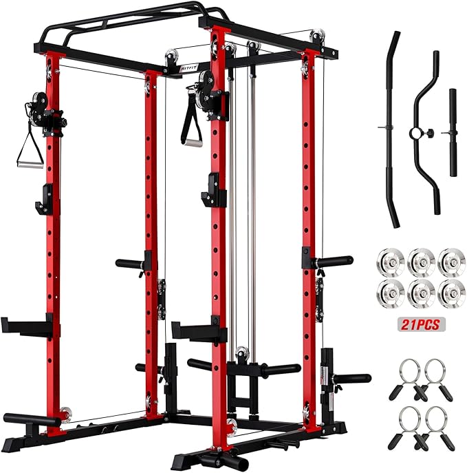 RitFit Multi-Function Squat Rack Power Cage PPC-P3 with Cable Crossover System, 1200LBS Capacity Power Rack and Packages with Optional Weight Bench, Barbell Weight Set, for Garage Workout & Home Gym
