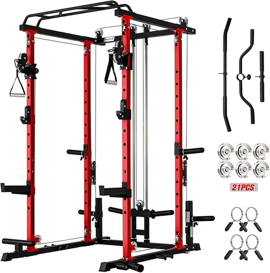 RitFit Multi-Function Squat Rack Power Cage PPC-P3 with Cable Crossover System, 1200LBS Capacity Power Rack and Packages with Optional Weight Bench, Barbell Weight Set, for Garage Workout & Home Gym