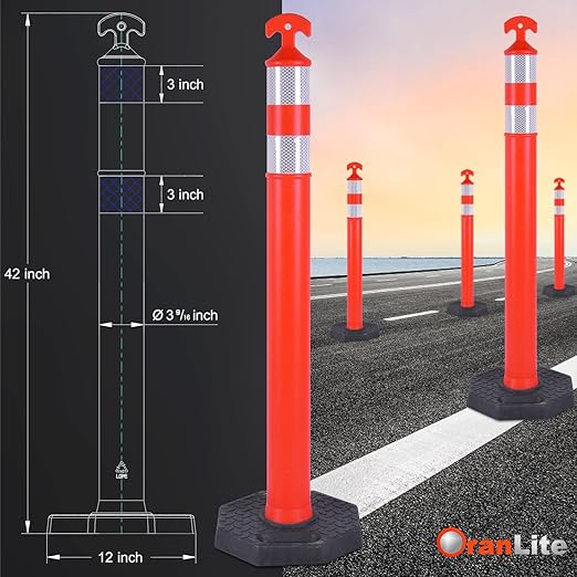 Traffic Delineator Post Cones with Heavy-Duty Octagonal Rubber Base, Channelizer Post Kit for Road Construction Work, Traffic Guidance, Garage Parking, Crowd Control (6, 42")