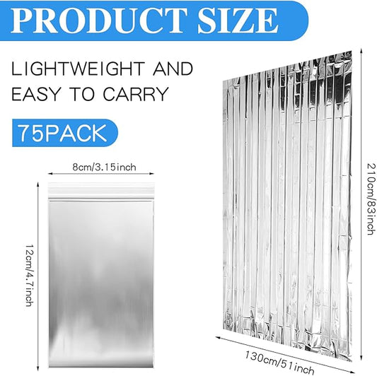 Macarrie 75 Pack Emergency Foil Thermal Blankets Silver Foil Survival Space Blanket Kit for Outdoors, Camping, Hiking, Homeless, Survival or First Aid, Silver