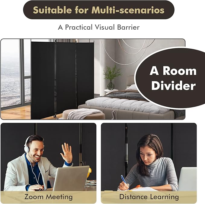 Giantex 3 Panel Room Divider with Wheels, 103''W x 71''H Folding Privacy Screen, Rolling Partition Room Dividers for Home Office Studio, Freestanding Fabric Wall Divider for Room Separation, Black