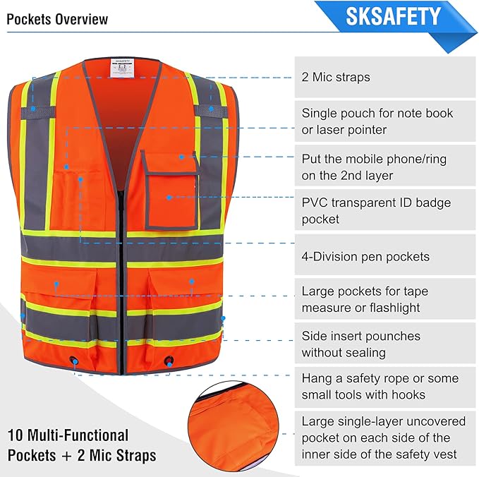 SKSAFETY 10 Pockets Safety Vest, Class 2 High Visibility Security with Zipper, Hi Vis Vest with Reflective Strips, ANSI/ISEA Standard, Construction Work Vest for Men ＆ Women （Orange, 3XL）