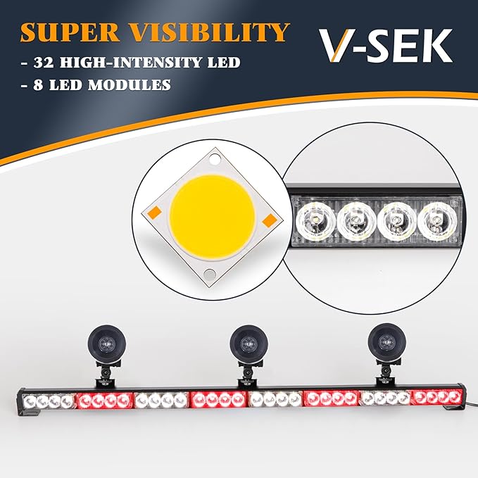 35.5 Inch Traffic Advisor Strobe Light Bar Hazard Warning Emergency 32 LED High Intensity Directional Flashing Safety Lightbar 13 Flashing Modes with Cigarette Lighter Suction Cups (Red White)