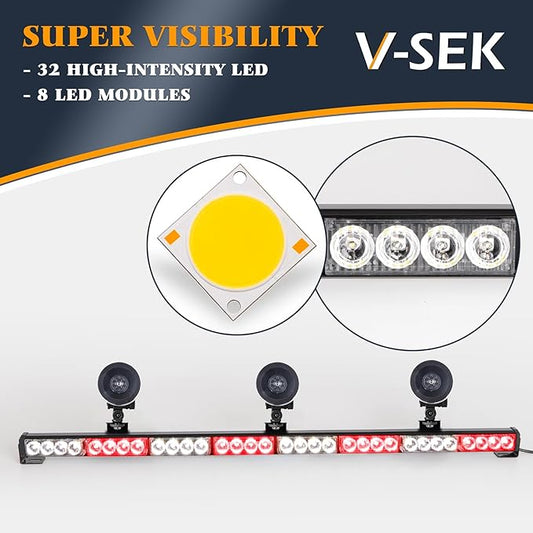 35.5 Inch Traffic Advisor Strobe Light Bar Hazard Warning Emergency 32 LED High Intensity Directional Flashing Safety Lightbar 13 Flashing Modes with Cigarette Lighter Suction Cups (Red White)