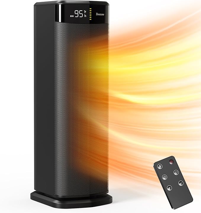 BREEZOME Space Heater for Indoor Use, 1500W Fast Heating Electric Heater with Thermostat & 24H Timer, 90°Oscillating PTC Ceramic Heater, Portable Room Heaters for Home Bedroom Office, Dark Grey