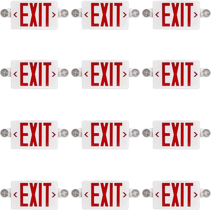 LED Exit Sign with Emergency Light, Double Sided Red with Battery Backup, Red Letter Emergency Exit Sign Lights with Two Adjustable Heads 120-277V AC UL Listed (12Pack, Red)