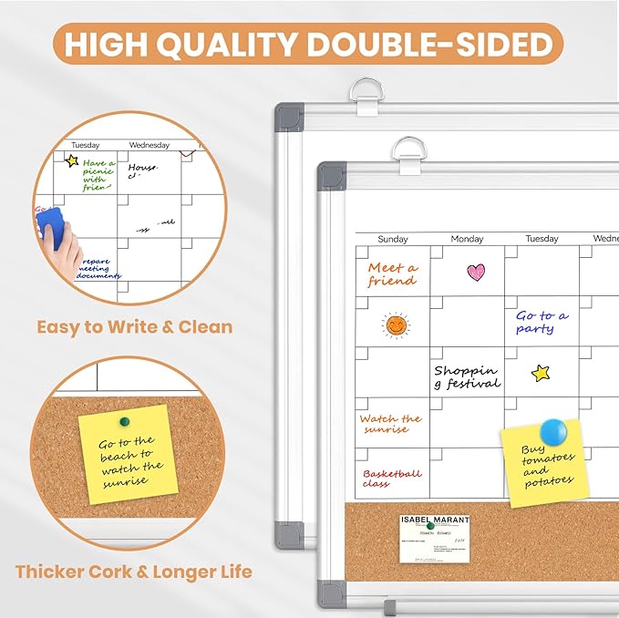 Monthly Dry Erase Calendar Whiteboard for Wall, 16" x 12" Double-Sided Small Calendar White Board, Framed White Board Cork Board Combo, Portable Dry Erase Board for Office, Kitchen, School, Home