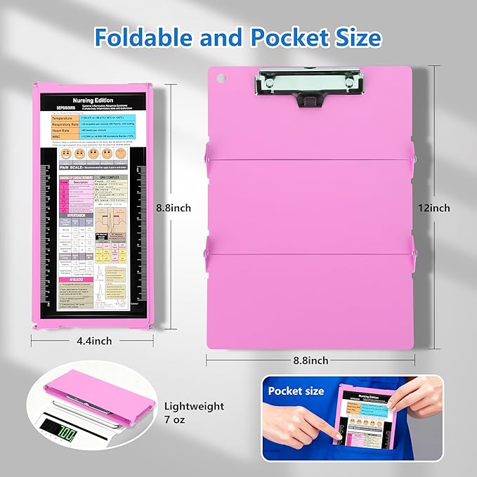 Nursing Foldable Medical Clipboard, Edition Cheat Sheets Lithium 3 Layers Foldable Clipboards Nursing Pocket Size Profile Clip Nurse Clipboards Notepad for Nurses Students and Doctors, Pink
