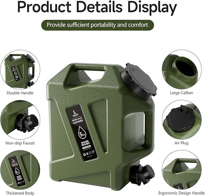 5GAL Camping Water Jug, Portable Water Storage Container with Spigot, Leak-Proof Lid & Dual Handles, Outdoor Water Tank for Camping, RV, Emergency Preparedness