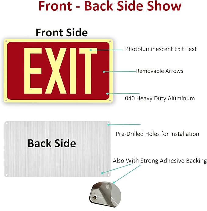 4Pack Photoluminescent Exit Sign Red, 14"x 10" Aluminum Glow In The Dark Exit Signs with Strong Adhesive Backing and 8pcs Removable Directional Arrows Glow In The Dark,Easy to install