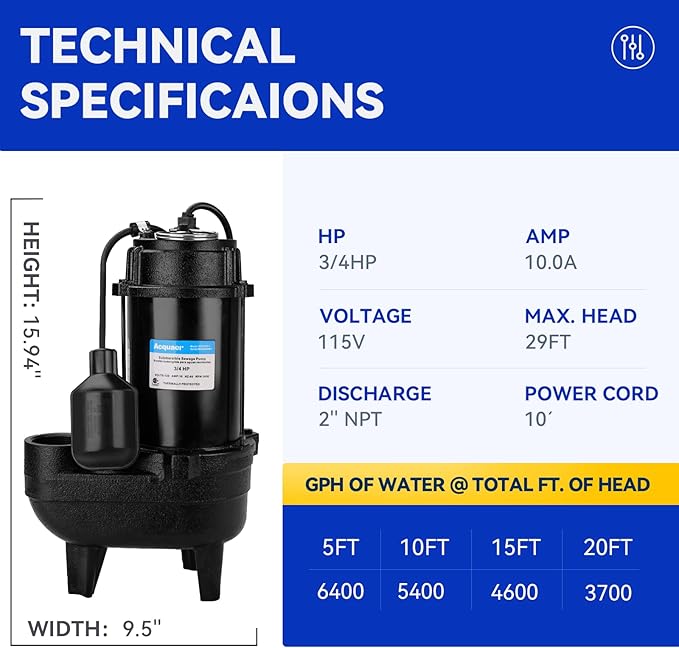 Acquaer 3/4HP Submersible Sewage Effluent Pump, Cast Iron, 115V 6400 GPH Automatic Tethered Float Switch, Sump Pump for Sump Basin, Basement, Residential Sewage, 2'' NPT Discharge