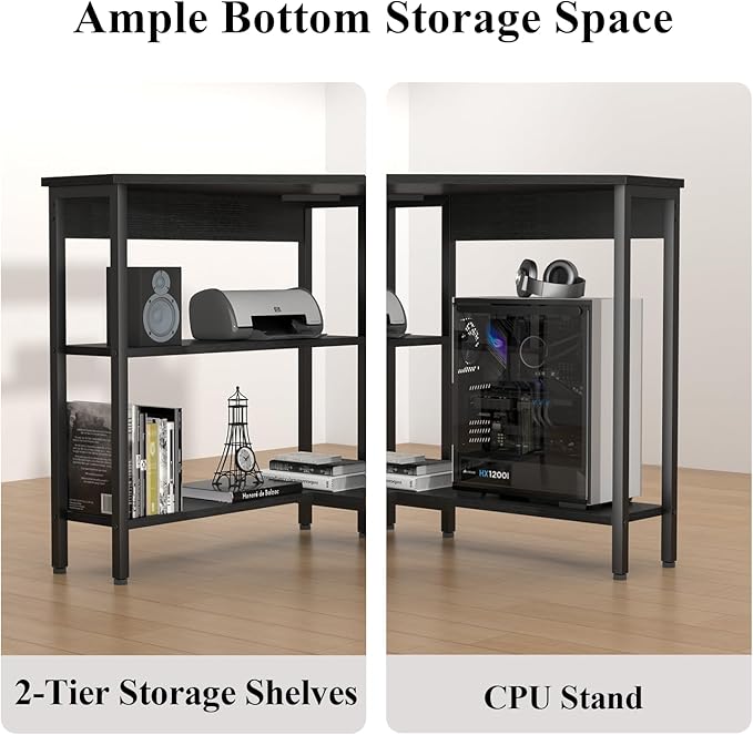 Auromie Corner Desk with Outlets & USB Ports, 90 Degree Triangle Corner Table with CPU Stand & Storage Shelves for Small Space, Computer Table with Charging Station for Home Office Bedroom (Black)