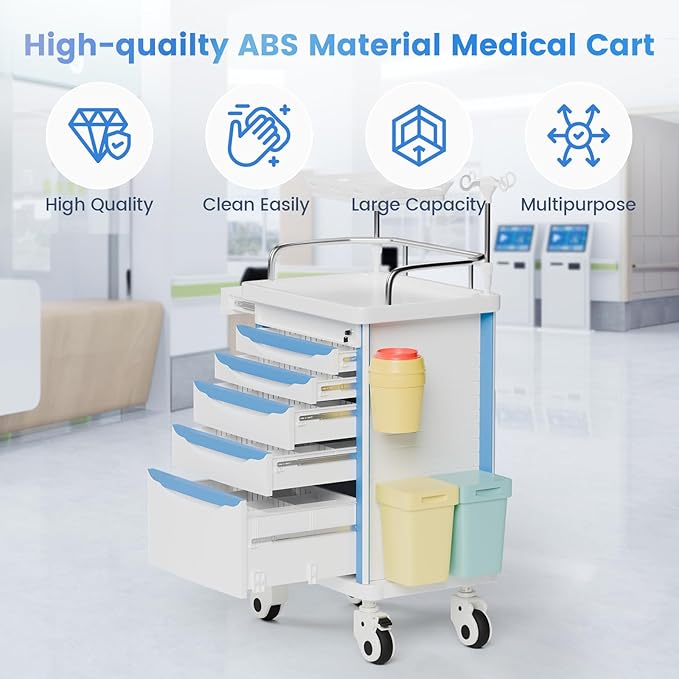Medical Crash Cart with Emergency Accessory-CPR Board, IV Pole, O2 Holder, Trash Bin, 5 Drawers Nursing Cart with Dividers for Hospital, Clinic, Lab