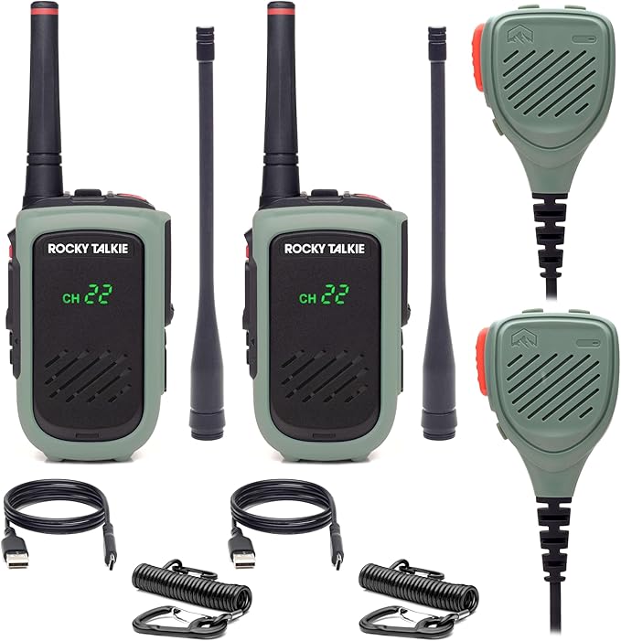 Rocky Talkie 5 Watt Radio with Waterproof Hand Mic - GMRS Radio with IP67 Waterproofing, Long Range Walkie Talkie, NOAA Weather Alerts, 5 Day Battery Life, 2 Pack