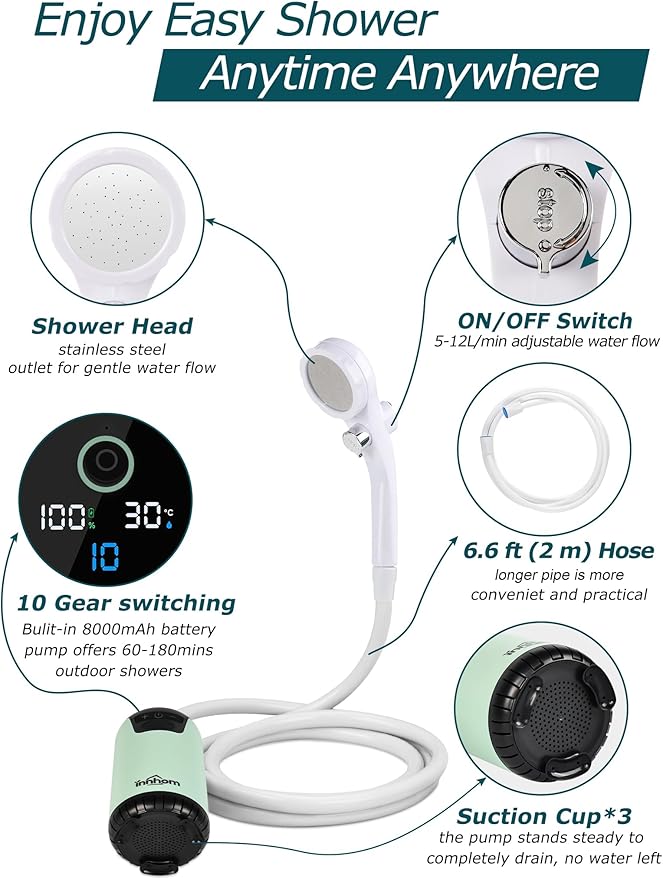 innhom Portable Camping Shower, 6000mAh Rechargeable Camp Shower Pump with LED Display, 2 Mode Electric Portable Shower for Camping, Hiking, Travelling, Washing