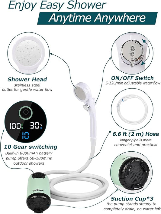 innhom Portable Camping Shower, 6000mAh Rechargeable Camp Shower Pump with LED Display, 2 Mode Electric Portable Shower for Camping, Hiking, Travelling, Washing