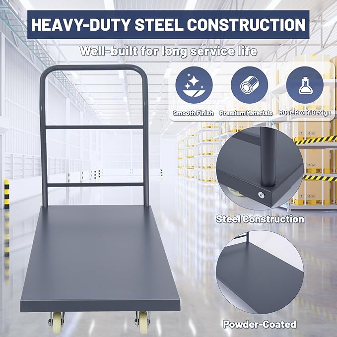 Heavy Duty Platform Truck, 48"x30" Flatbed Cart, 2000 lbs Capacity Steel Flat Dolly with Swivel Wheels, Industrial Utility Push Cart for Warehouse, Luggage, and Moving