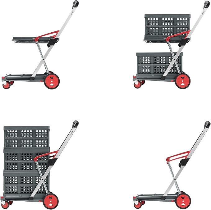 CLAX® The Original | Made in Germany | Multi Use Functional Collapsible Carts | Mobile Folding Trolley | Storage Cart Wagon | Shopping Cart with 2 Storage Crates (Red)