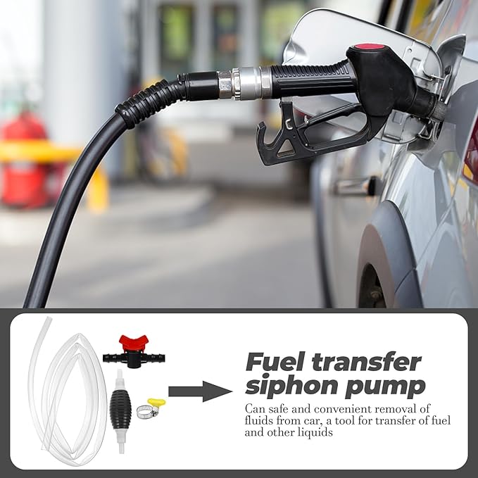 Manual Fuel Transfer Siphon Pump with Transparent PVC Hose and Clips High Flow Hand Pump for Gasoline Oil Water Transfer Portable Car Accessories for Emergency Liquid Siphoning