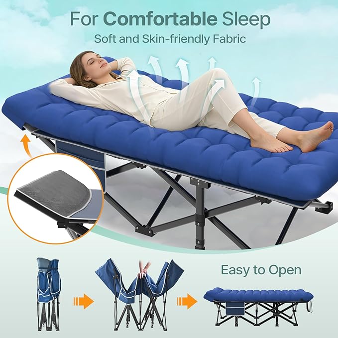 Suteck 32In XXL Folding Camping Cot, 900LBS Heavy Duty Sleeping Cot with Pillow Mattress, 1200D Double-Layer Oxford Portable Cot for Adults with Carry Bag for Home Office Nap Beach Travel